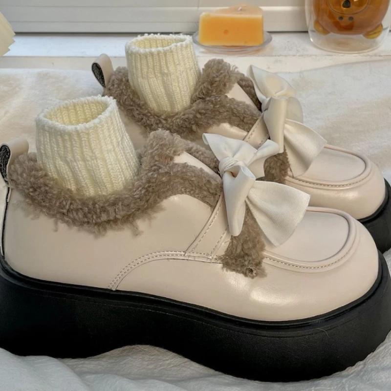 Fashion New Sweet Platform Shoes Women Warm Bow Vintage Kawaii Pumps Plush Ankle Boots for Women Female Casual Comfortable Boots