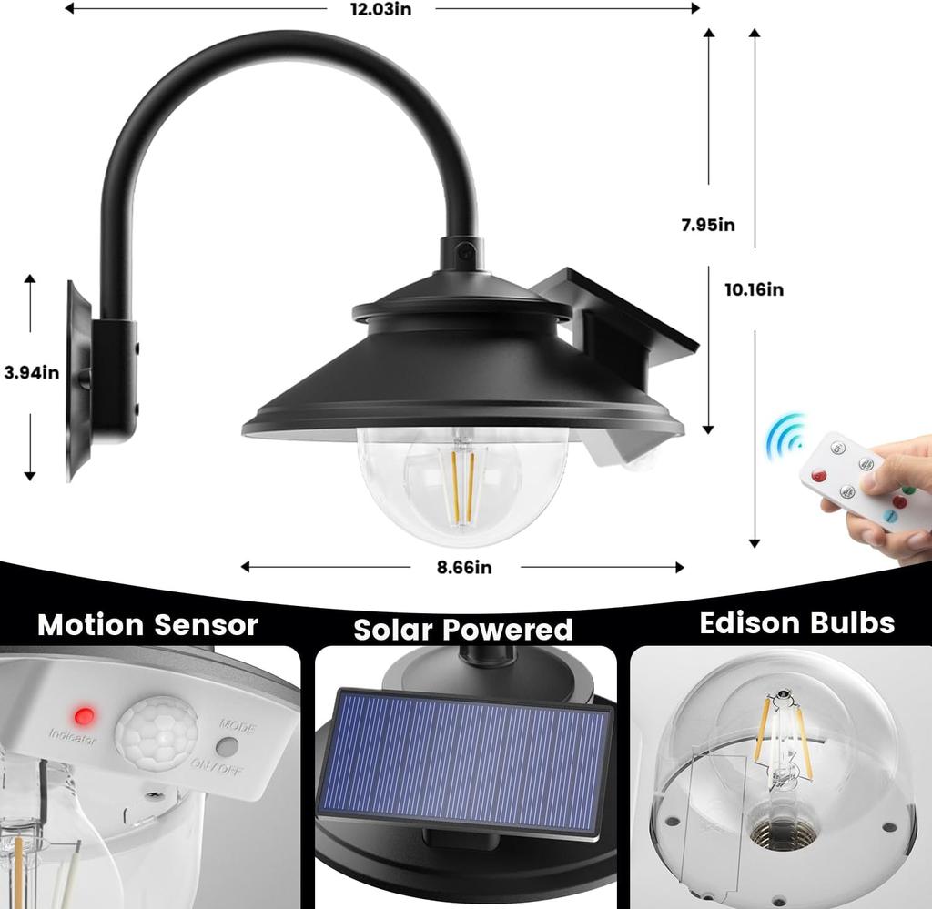 Solar Barn Lights 3 Modes 2 Lighting Ways, Gooseneck Farmhouse Wall Light Waterproof with Remote Control/Motion Sensor