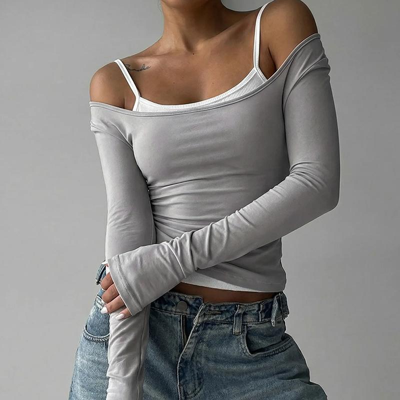Summer Fashion Contrast T-shirt 2 Piece-Set Women's Off-Shoulder Long Sleeve Patchwork Cropped Top Female Commute Tee Top