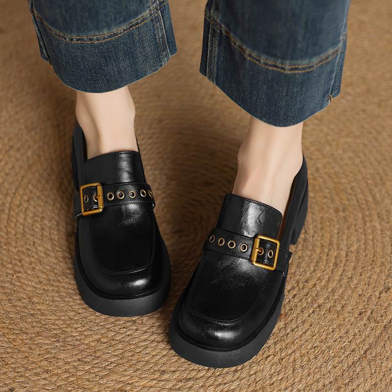 Krazing Pot Cow Skin Autumn Winter Shoes Chunky Heels Size 43 Size 42 Round Toe Slip on Metal Buckle Deep Mouth Pumps