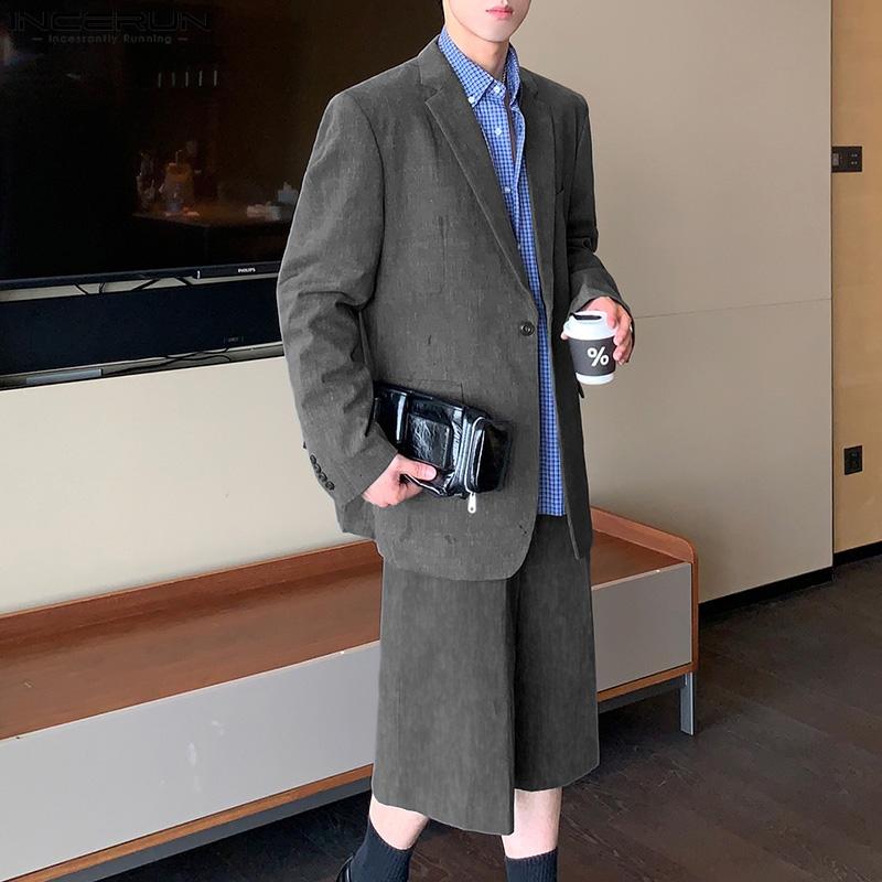 INCERUN Two Pieces Outfits Men Oversized Long Sleeve Blazer Capri Pants Sets Outfits