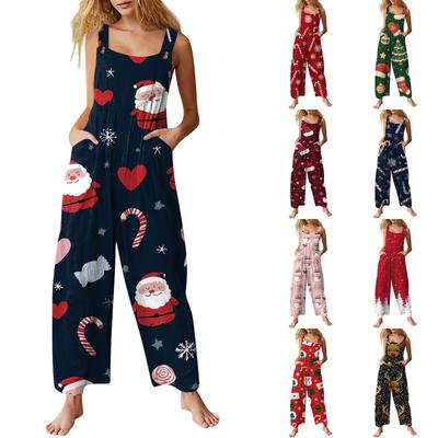Women's Casual Sleeveless Cotton Christmas Print Jumpsuit