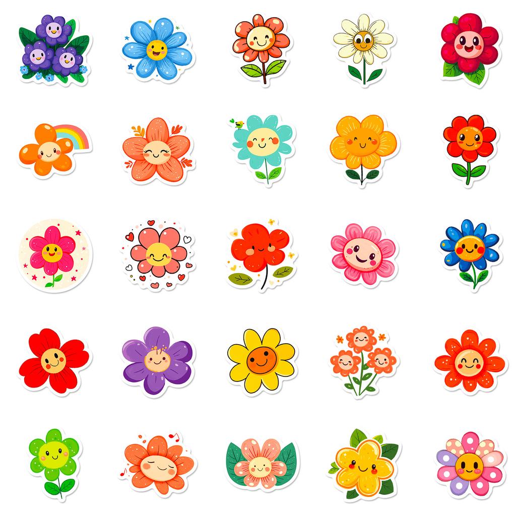 New 50 Cartoon Colorful Sun Flower Stickers Kawaii Healing Smiley Face Little Flower Children's Reward Stickers