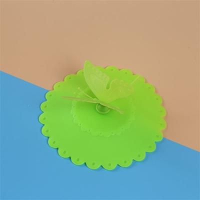 Tampa de Silicone Verde Flor de Grau Alimentício para Copo com Figurine Colorido de Borboleta Fina. Tampa Macia para Prevenção de Poeira.