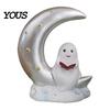 Starry Moon Ghost Gift Cute Reading Book Ornament, Luminous Resin Figurine, Fall Seasonal Decoration Night Light for Halloween Home Desktop Decorative