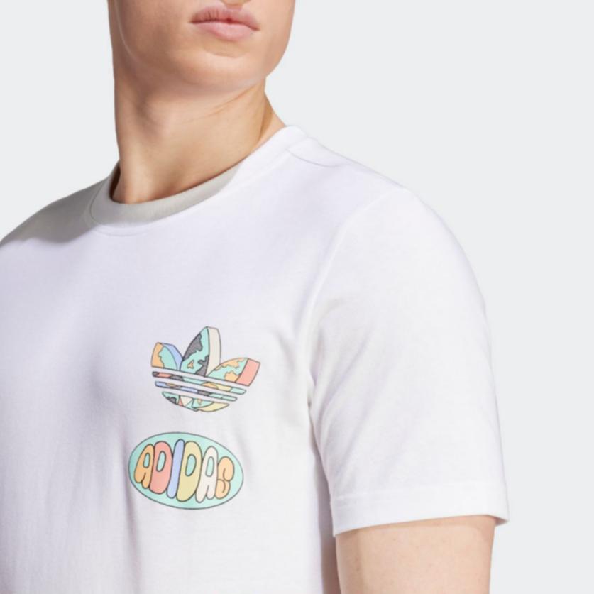 Adidas Originals Trefoil Enjoy Front/Back Graphic Tee, Cartoon Alphabet Logo Print, Sports Short Sleeve T-Shirt Men Tops White IT8181