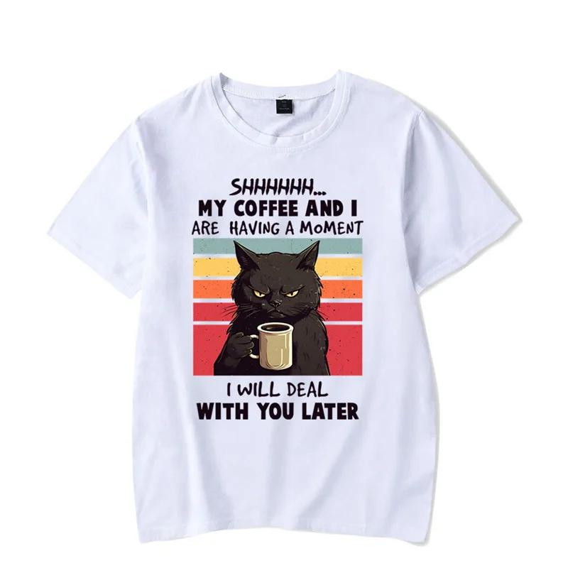 

My Coffee and I Are Having A Moment Graphic Tshirt Funny Black Cat Tshirt Fashion Harajuku T-shirt Oversized Men Brand T-shirt 4XL