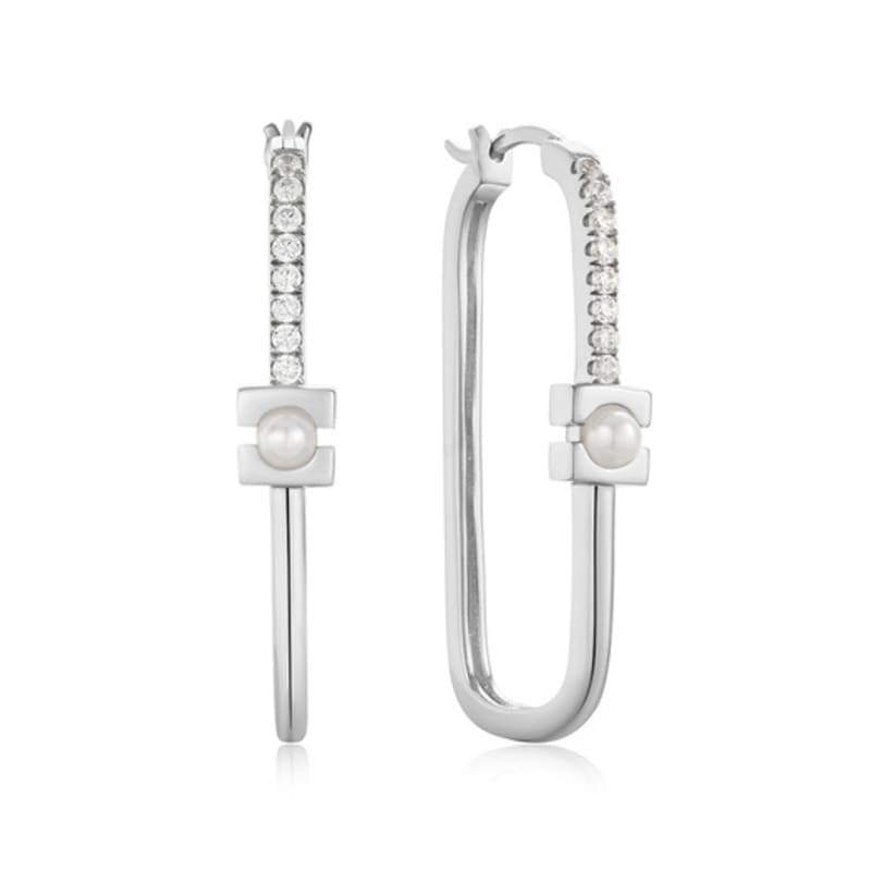 ANIA HAIE Pearl Modernist Oval 925 Silver Hoop Ring Earrings E054-06H