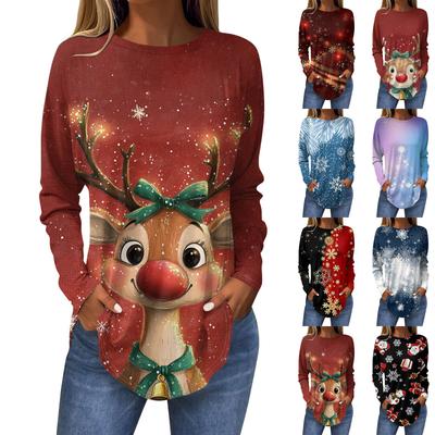 Tee Shirts For Women Fall Casual Long Sleeve Shirts Sweatshirt Retro Printing Christmas Party Top Pullover