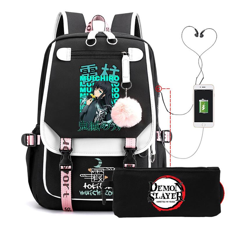 Two-dimensional peripheral day man ghost extinguishing backpack pencil bag large capacity student leisure schoolbag with USB port