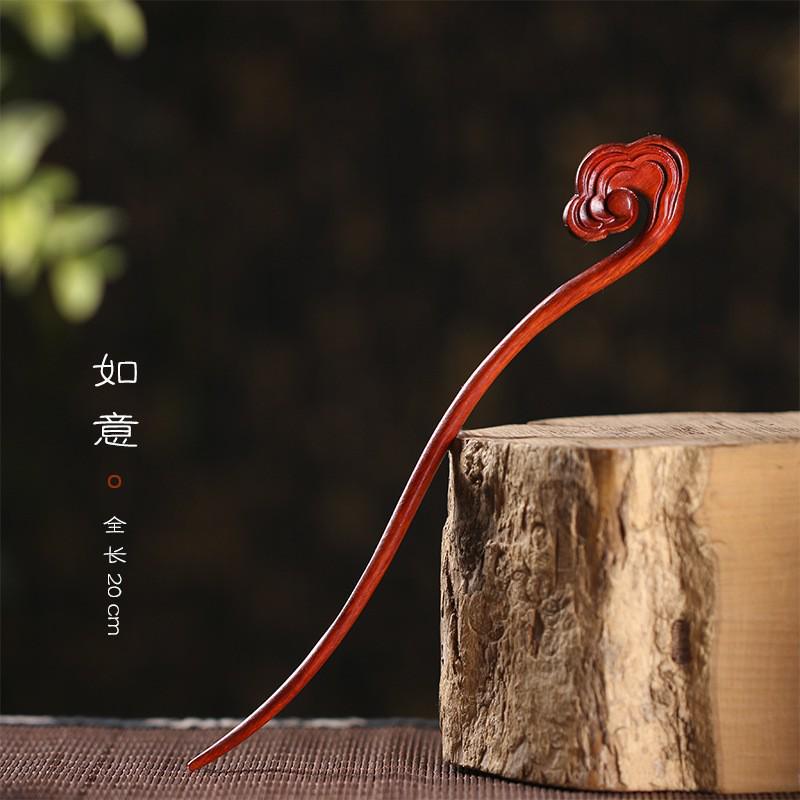 Red Sandalwood Women's Retro Hanfu Hairpins: Hollow Carved Moon Rabbit Wooden Ornaments
