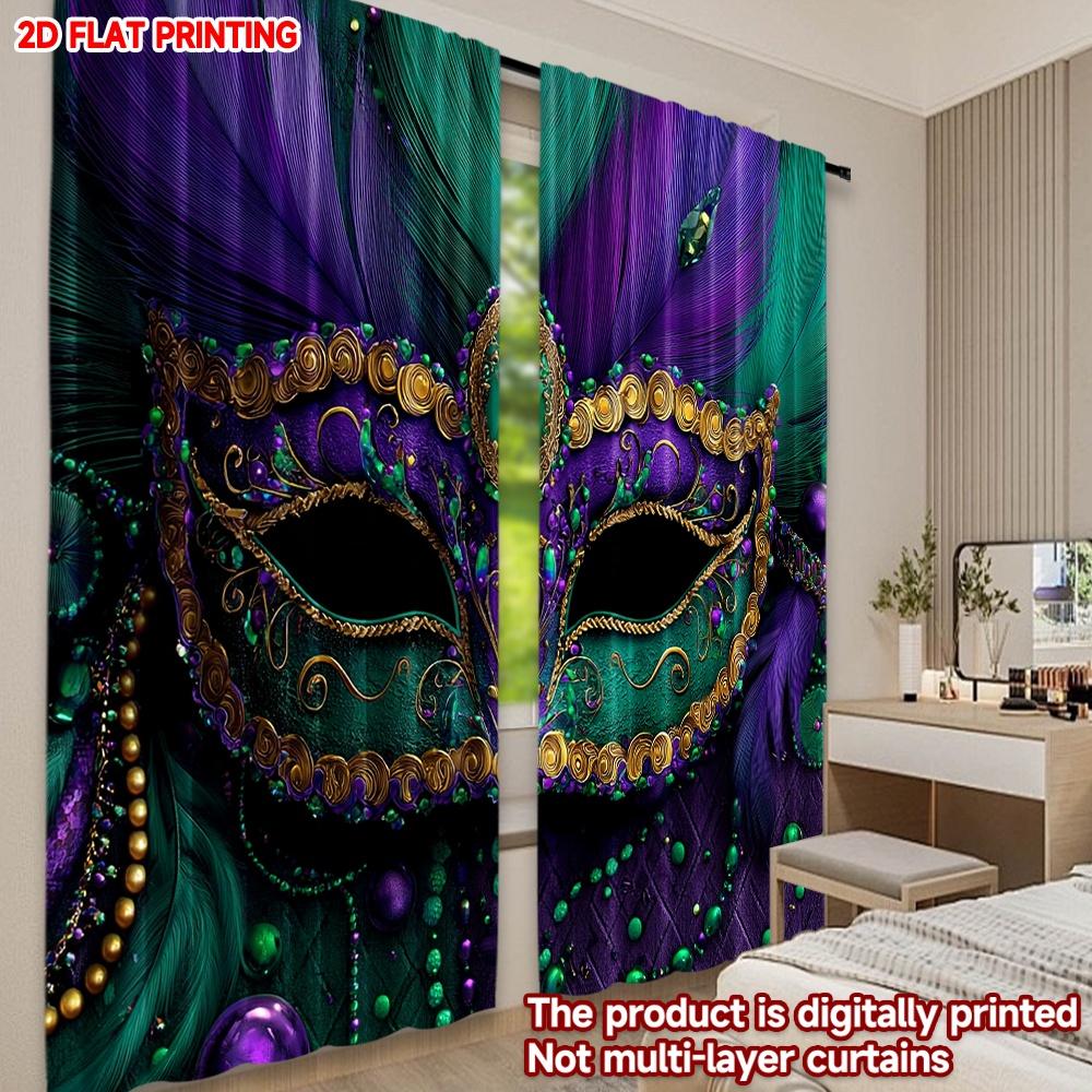 2D flat printing 2pcs Curtain Curtain Mardi Gras Mask and Feathers Digital Printed Polyester Drapes Family Party Decoration for