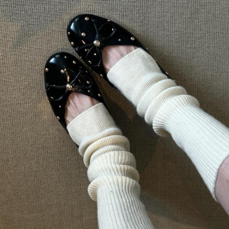Fashion Women's Fashion Flat Shoes Spring New Round Head Shallow Mouth Rivet Butterfly Knot Soft Sole Waterproof Non-slip Single Shoes