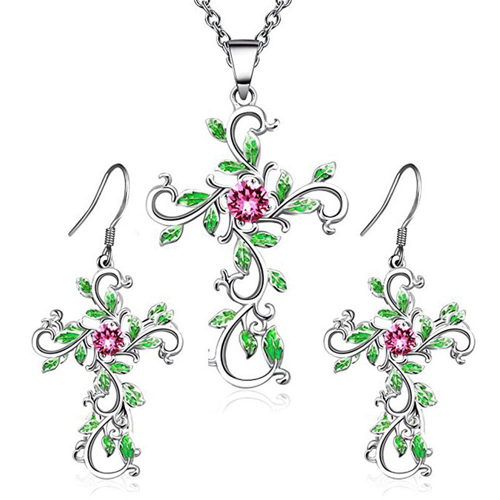 Women Stylish Elegant Cross Color Earrings Necklace Pendant Set for Wedding Party
