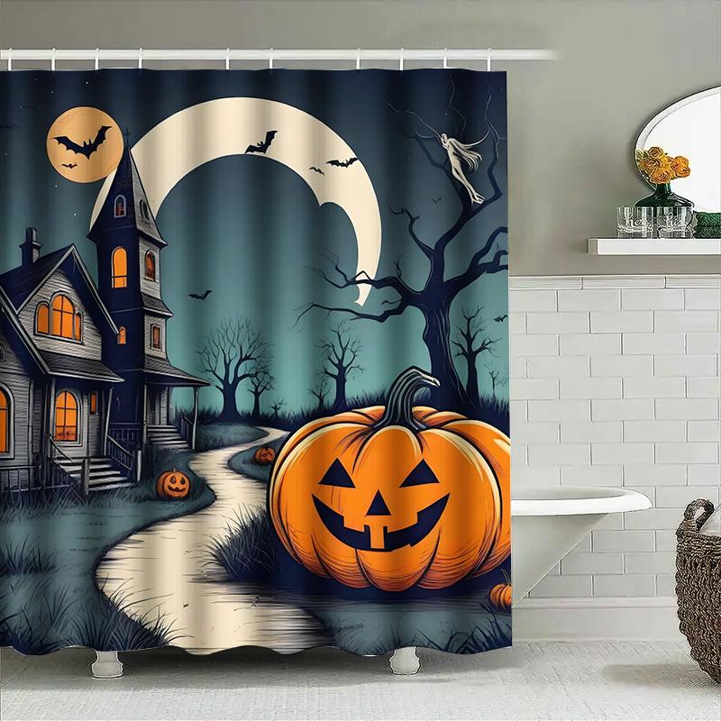 

Tuniu Creepy Haunted House Halloween Theme Bathroom Curtain Spooky Pumpkin Decor For Kids And Adults W60H190(CM)-1 Pcs