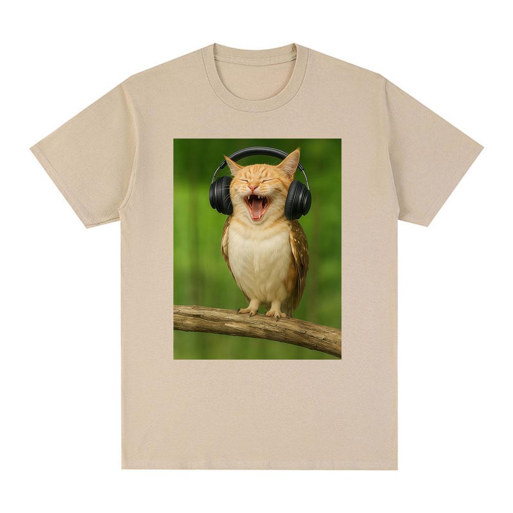 Cat Owl Headset Funny Meowl Meme Tshirts Mens Women Clothing Fashion Harajuku Short Sleeves Cotton Summer T Shirts Streetwear