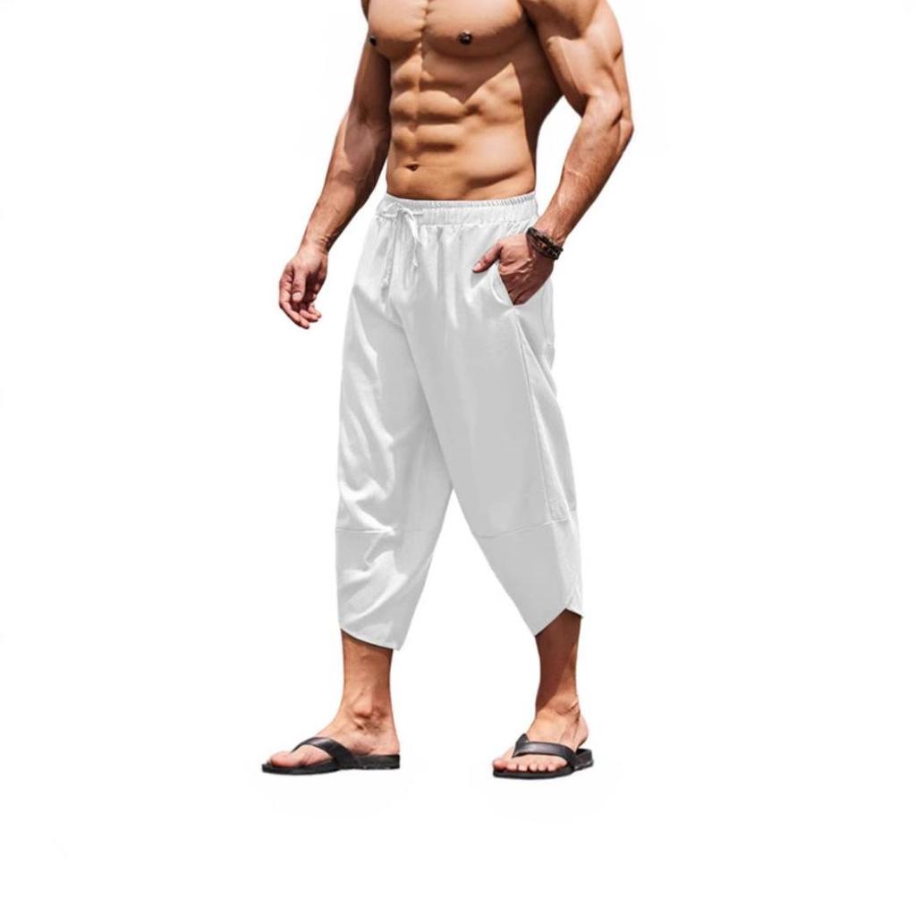 Men Summer Solid Color Capri Pants Harem Shorts Men Elastic Waist Drawstring 3/4 Length Cropped Trousers Baggy Sweatpants