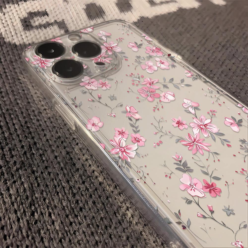 Pink Floral Print Clear Phone Case For Samsung Galaxy S26 S25 Ultra S24 S23 FE S22 S21 Plus S20 A73 A72 A71 Silicone Cover