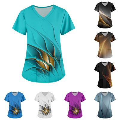 Damskie modne koszulki z krótkim rękawem i dekoltem w serek z nadrukiem i kieszeniami, robocze T-shirty