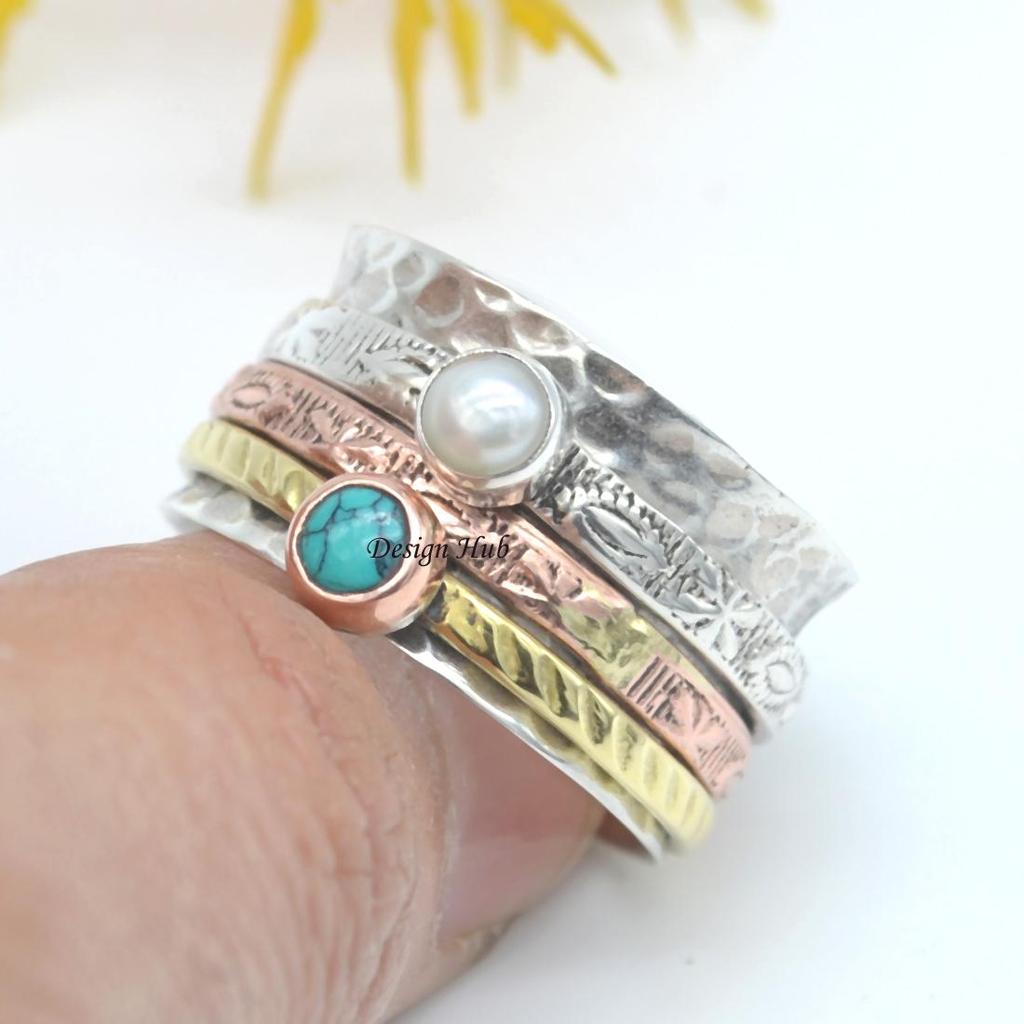 Pearl and Turquoise Gemstone Ring 925 Sterling Silver Three Tone Spinner Ring Silver Band Meditation Spinner Ring