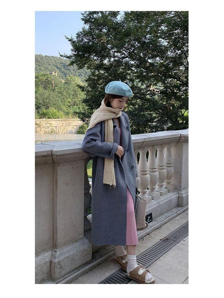 Petite Women's Korean-Style Fleece-Lined Gray Wool Coat for Fall/Winter