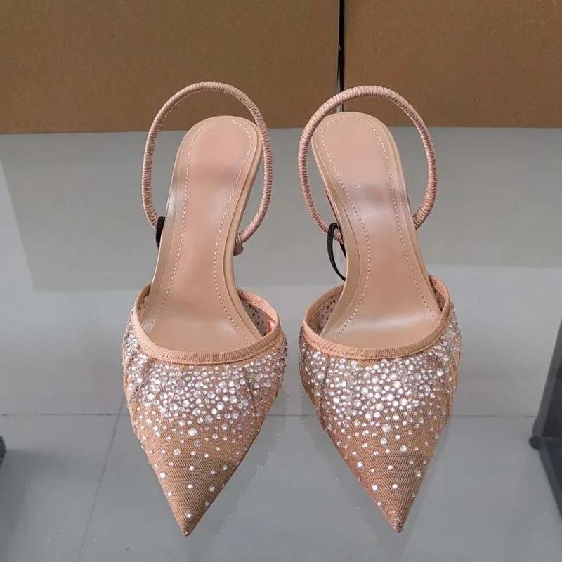 Fashion 2025 Summer New Women's Sandals Water Diamond Bright Mesh High Heels Footwear Elegant Slingback Pointed Slip on Party Lady Shoes