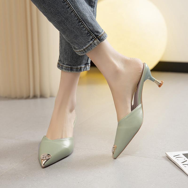 Baotou small size cool slippers women's summer versatile fashion metal pointed cm cm stiletto sandals women's high heels
