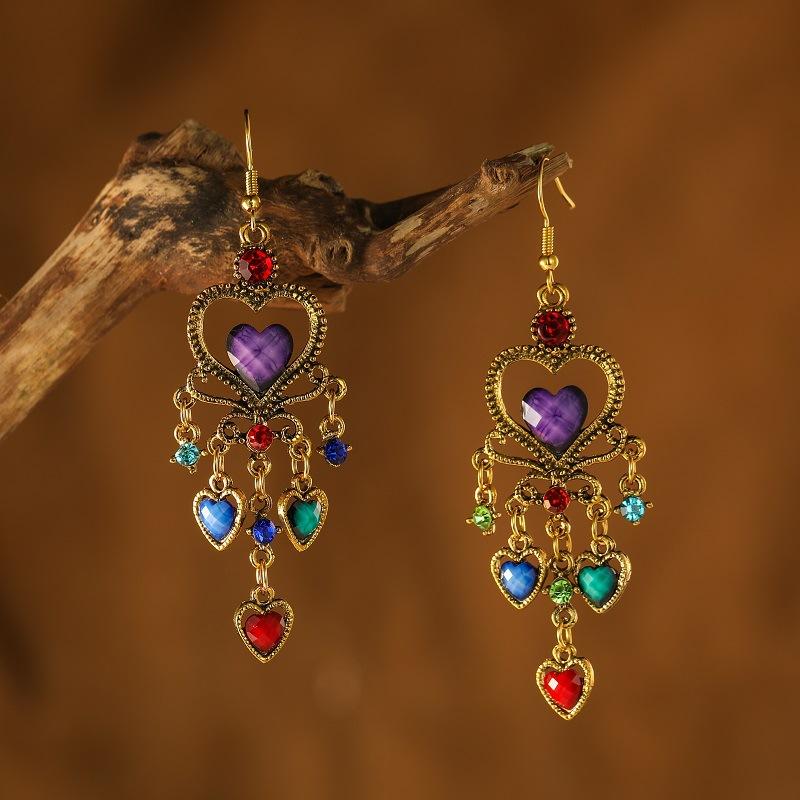 Bohemian Drop Dangle Heart Earrings For Women Vintage Rhinestone Acrylic Gold Color Ethnic Boho Jewelry Earings Pendientes Mujer
