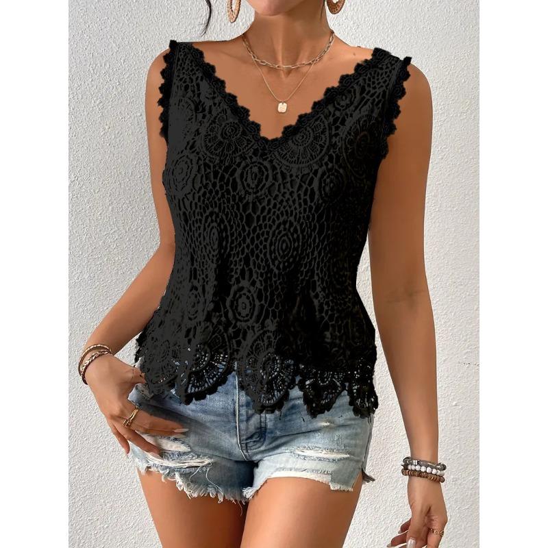 IHUASU Women's Fashion Casual Solid Color Print Sleeveless V-Neck Blouses & Shirts