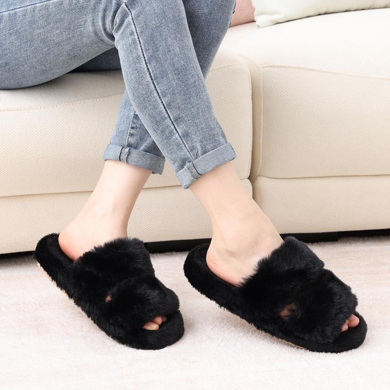 Fashion Shevalues Winter Plush Lining Women's Slippers Fur Soft Sole Indoor Slides Non-slip Cotton Slides Furry Warm Slippers For Women