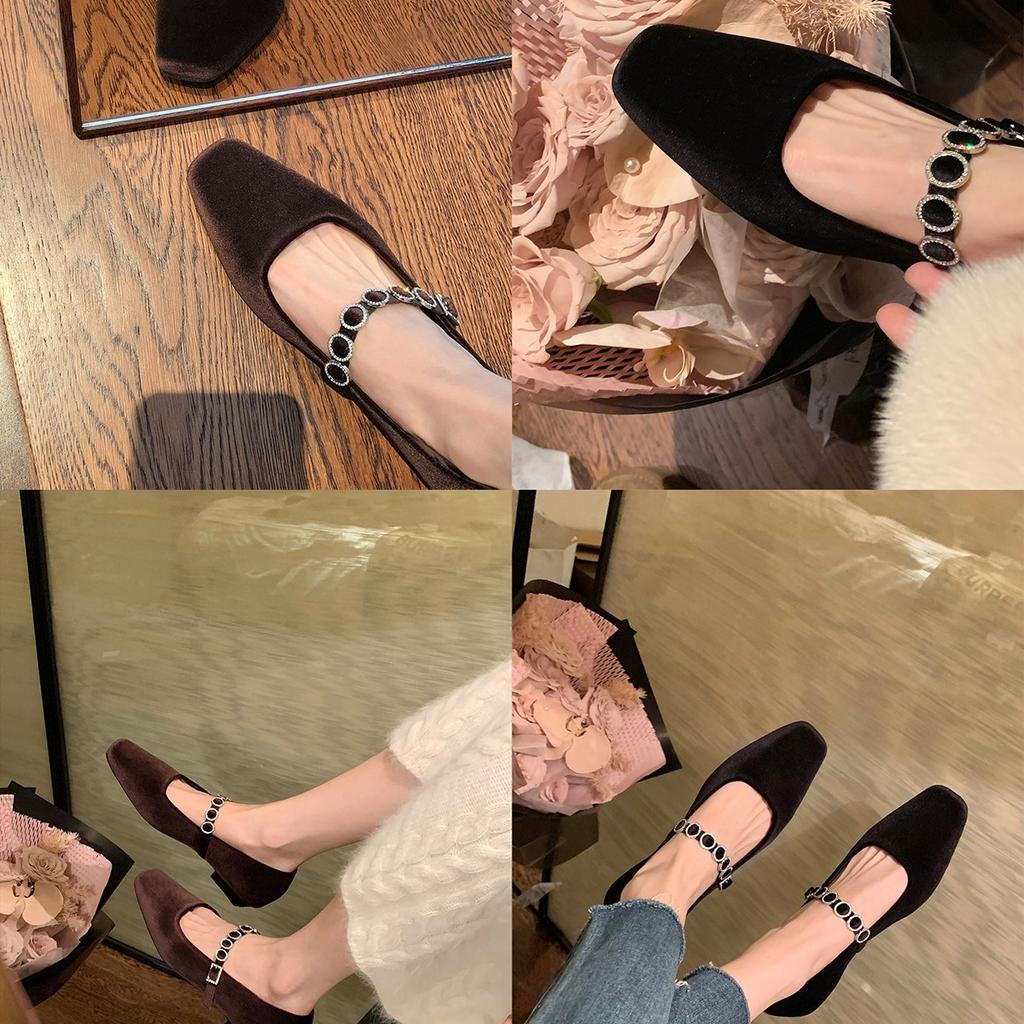 Traubenmutter studiolee Französische quadratische Spitze Lichtmündung hohe Absätze Ein-Wort-Diamantgürtel niedriger Absatz Wildleder Mary Jane einzelne Schuhe