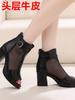 Spring and summer catwalk mesh yarn first layer cowhide women's shoes thick heel middle heel fish mouth versatile comfortable cool leather s