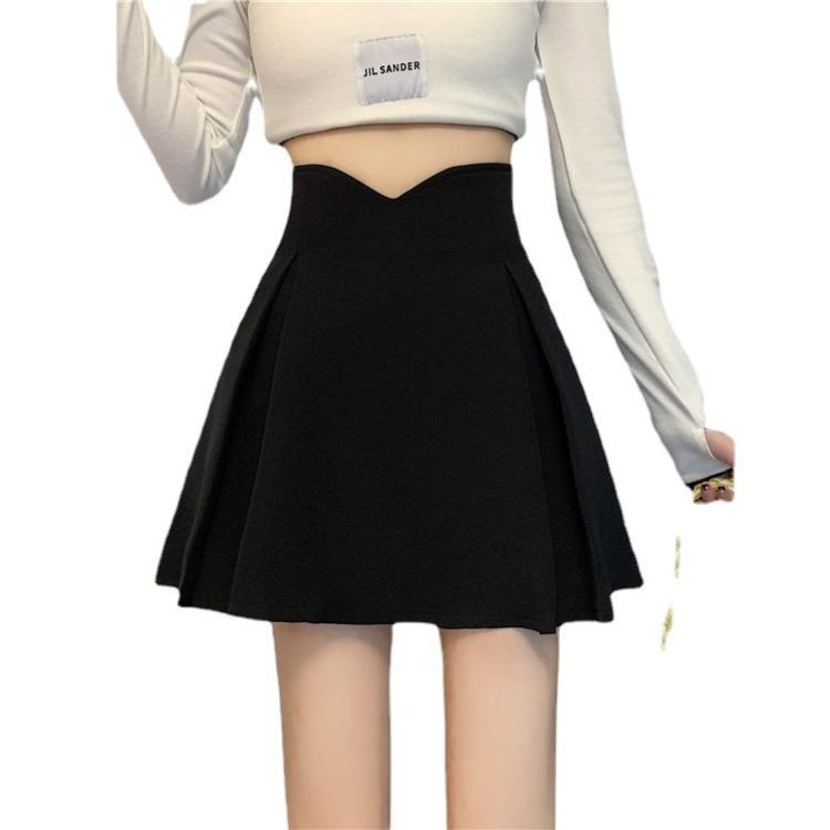 Versatile Black Fishbone High-Waisted Skirt Design-Forward Niche A-Line Hip-Covering Petite Casual All-match Versatile Pleated Skirt
