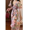 French romantic elegant retro ruffle edge cloak collar floral dress women's summer waist and thin temperament long dress
