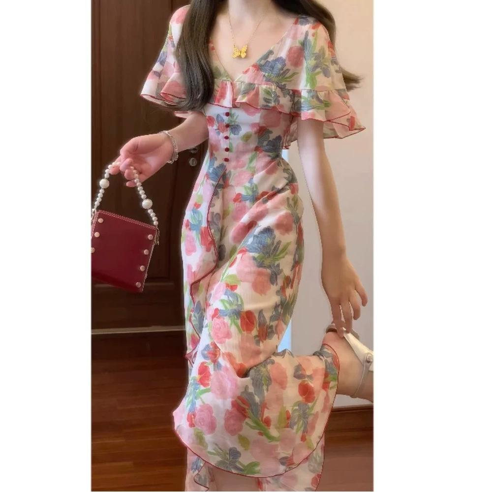 French romantic elegant retro ruffle edge cloak collar floral dress women's summer waist and thin temperament long dress