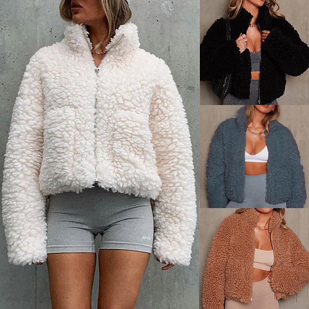Ladies Casual High-necked Long-sleeved Button Lamb Velvet Casual Jacket Top