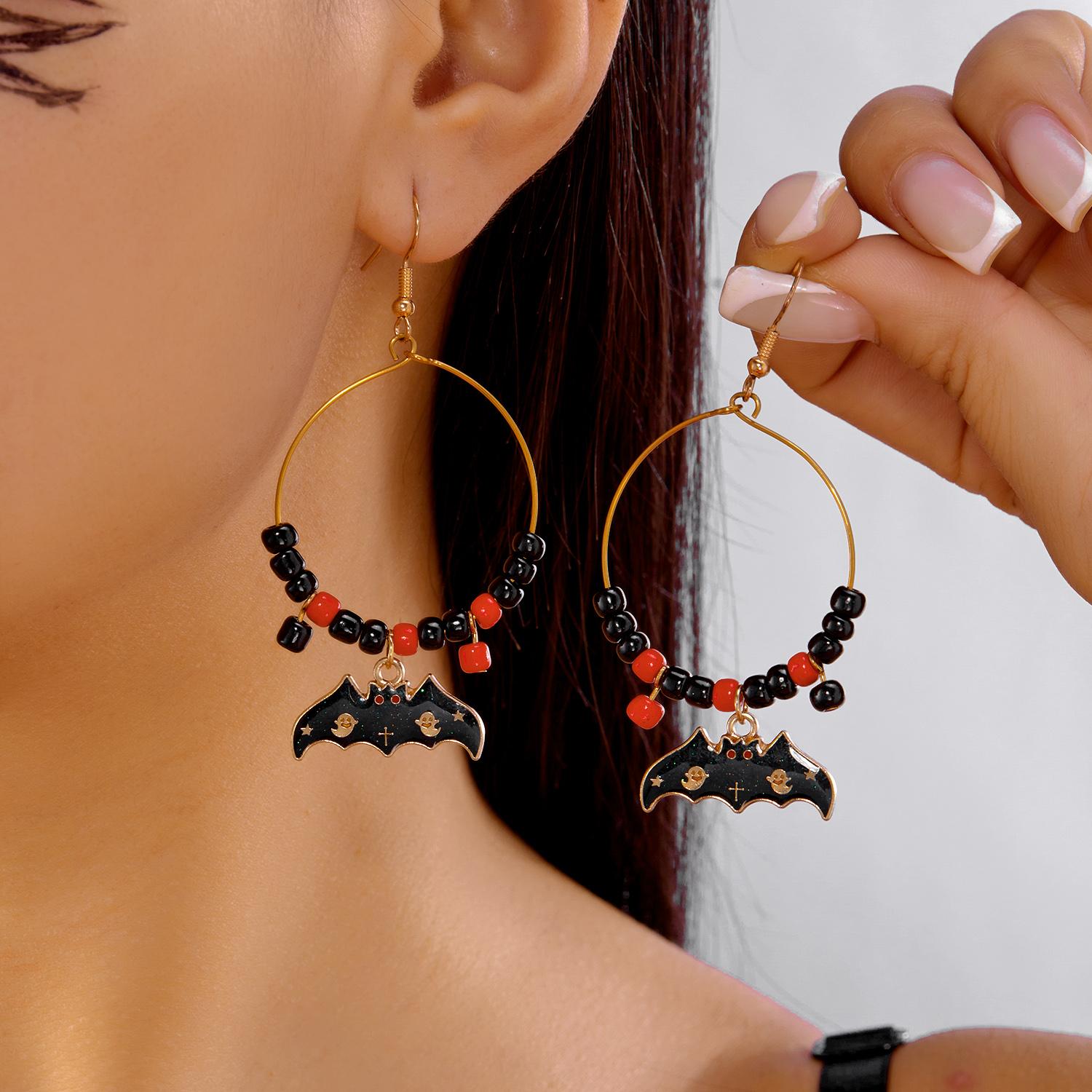Design Sense Halloween Pumpkin Cat Earrings for Women Exaggerated Rice Beaded Big Circle Hoop Earrings Festive Party Jewelry