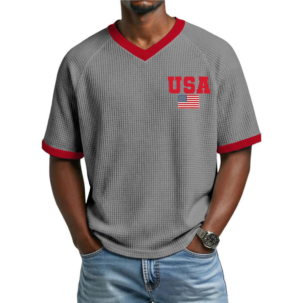Men's Casual Fashionable Letter- Colorful Print Short-sleeved Shirt - Men's Breathable V-neck Short-sleeved Top