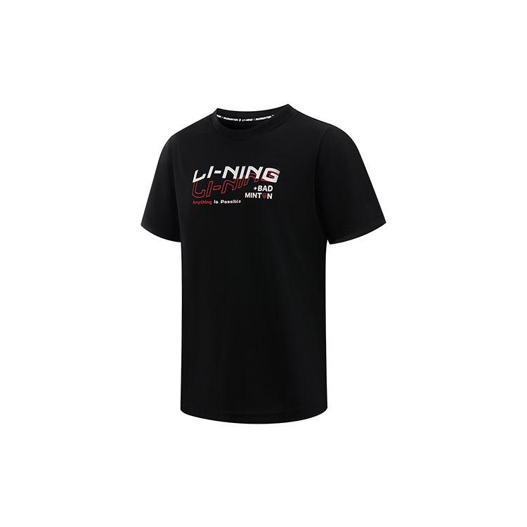 Li Ning Badminton Series Letter Logo Print Breathable Quick-Dry Short Sleeve Regular T-Shirt Unisex Tops Black AHST357-3