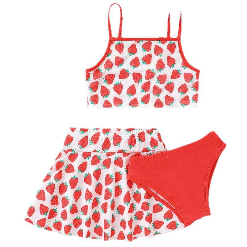Trendy bez rukávů jahodový potisk špagetová ramínka bikiny - roztomilé 3dílné plavky