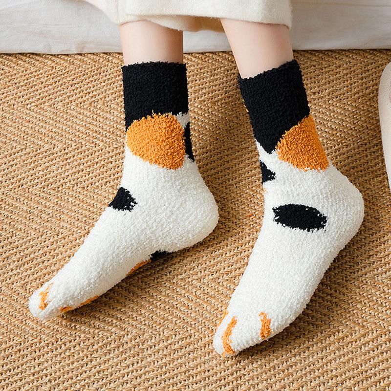 Winter Warm Women Fluffy Socks Cute Animal Claw Cat Paw Footprint Fuzzy Socks Female Thick Coral Fleece Home Floor Sleep Socks