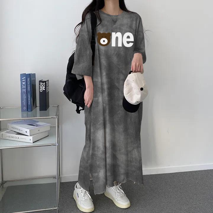 

Korean Style Tie-Dye Short-Sleeve Mid-Length Summer T-Shirt Dress for Women - Casual, Loose, Slimming, Over-the-Knee M серый