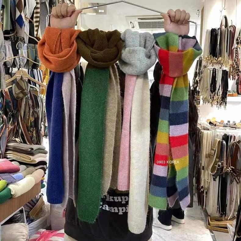 Collection of Warm and Cute Contrasting Color Rainbow Knitted Scarves for Autumn and Winter