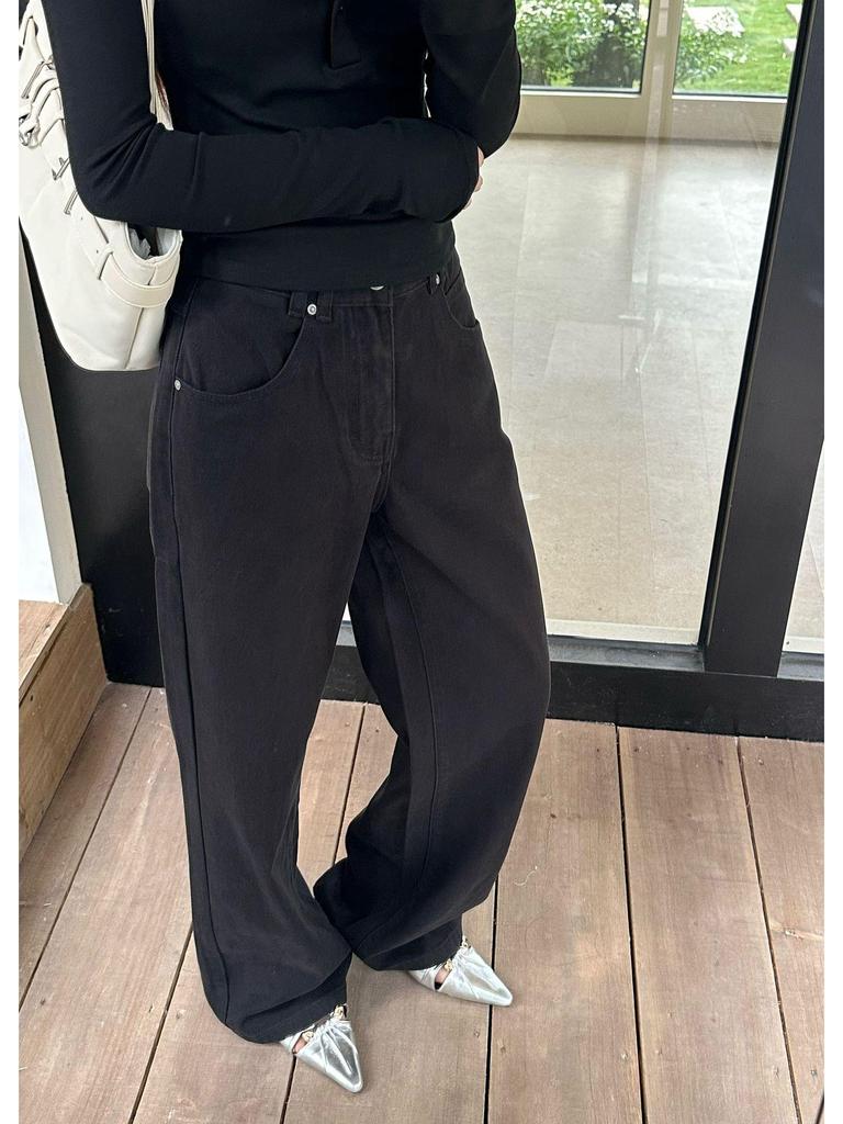 Lu Sheng Unisex Retro Washed Black Bootcut Jeans - Loose Fit, Wide Leg, Casual Pants