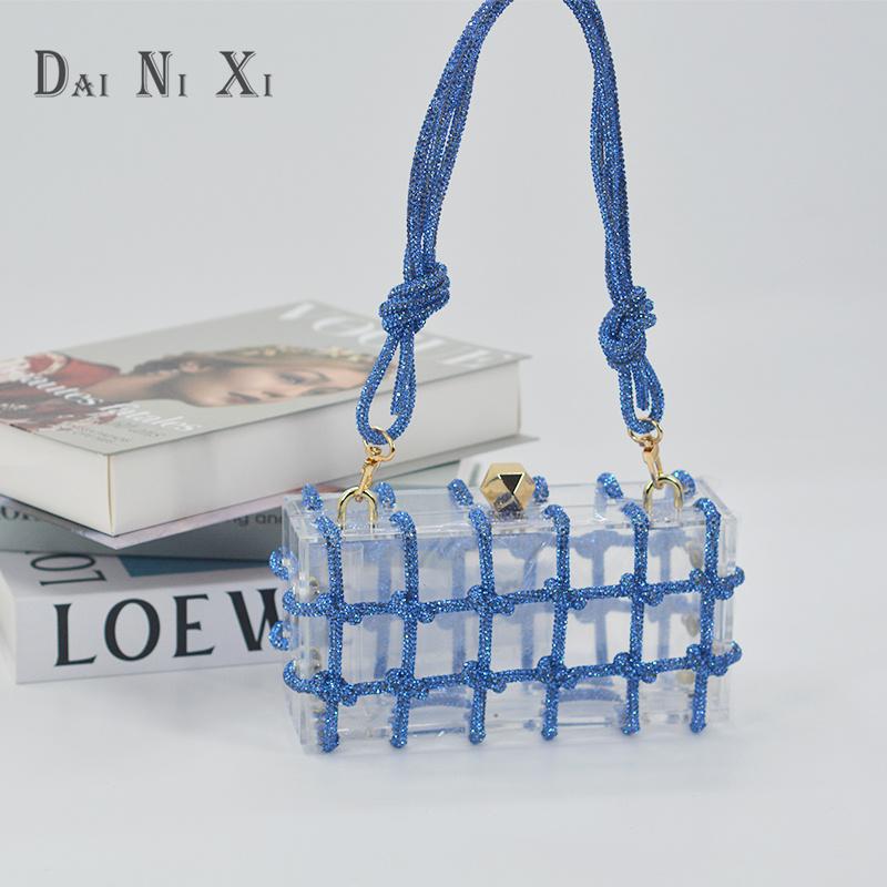 

Clear Acrylic Box Evening Handbags Women Boutique Party Clutch Bags Woven Knotted Rope Rhinestone Purse