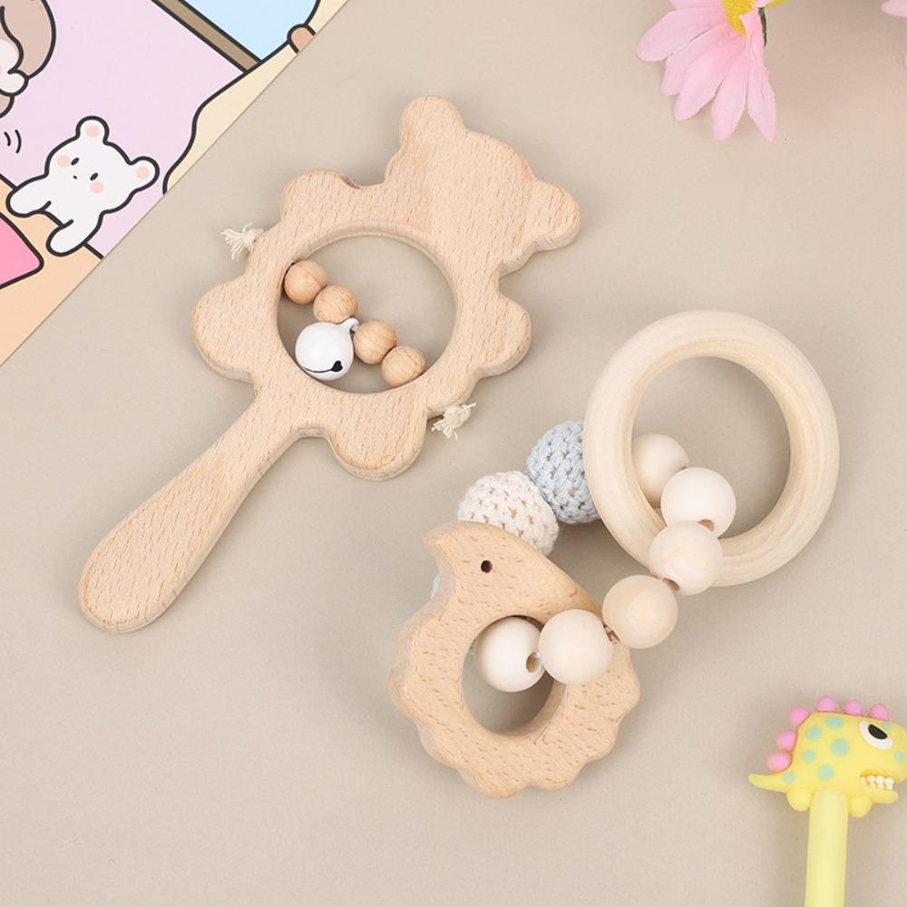 Anti-lost Wooden Baby Rattle Toy Cartoon Bear Wooden Rings Toy Handbell Rattle Toy  Kids