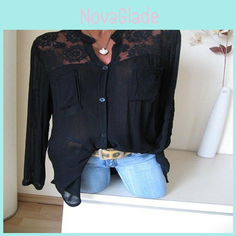 Elegant Plus Size Women V Neck Lace Splice Loose Summer Casual T-shirt Blouse