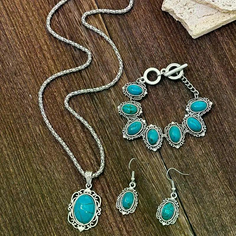 Bohemian style fashionable texture earrings temperament jewelry turquoise necklace earring set