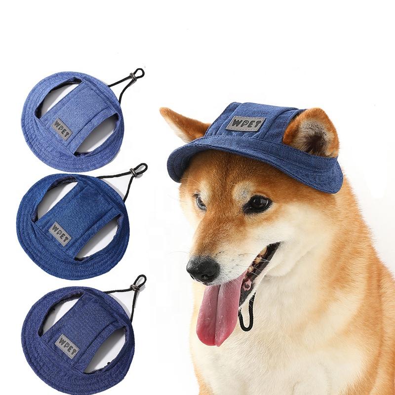 Fashion Sport Style Solid Linen Fabric Denim Color Adjustable Pet Sun Hats for Dogs Cats Summer Outdoor Protection