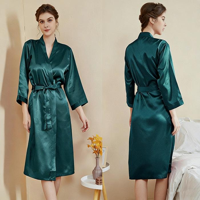 Women's Silk Bathrobe - Long Sleeve V-Neck Solid Color Loungewear House Robe